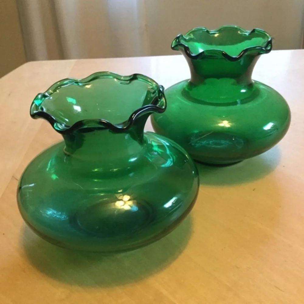 Vintage Green Glass Vases Ruffled Top Set of 2